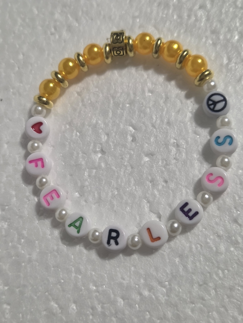 Handcrafted Kids Yellow and White Beaded Bracelet - With Word FEARLESS